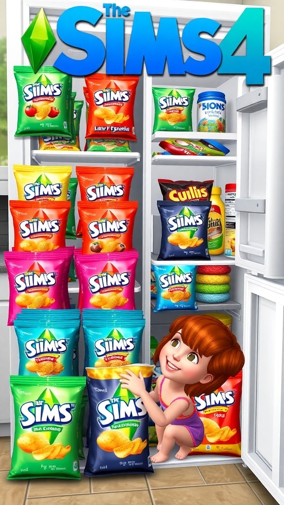 A collection of custom chips for The Sims 4 in colorful packaging displayed in a virtual kitchen.